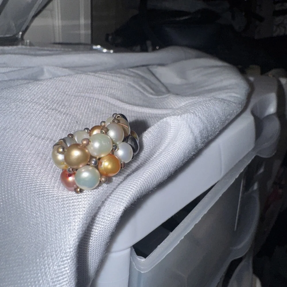 White, Brown, Black & Gray +Two-strand Freshwater Pearl Stretch Ring‎ 1/2 Inch W